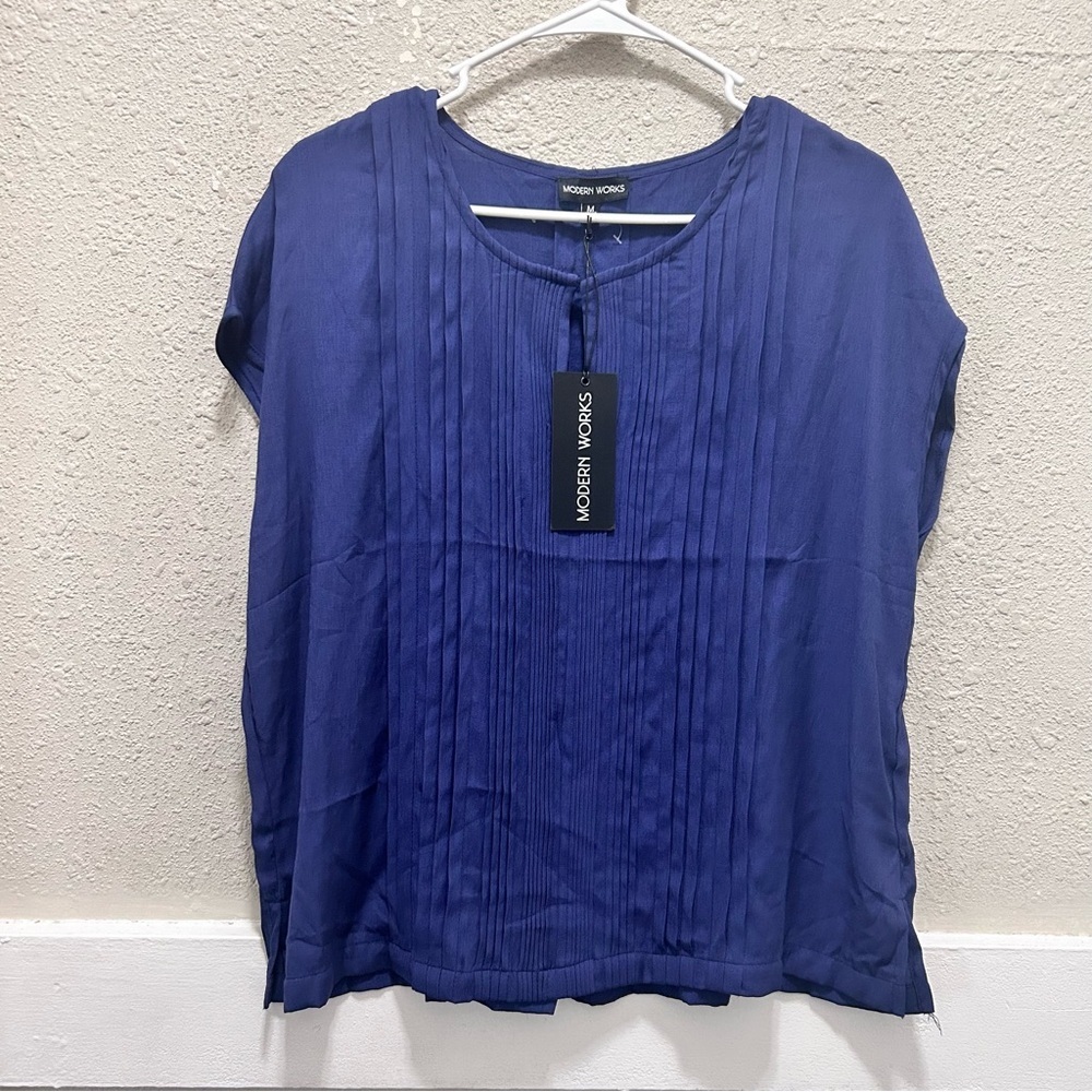 Modern Works Navy Blue Pleated Front Blouse NWT M